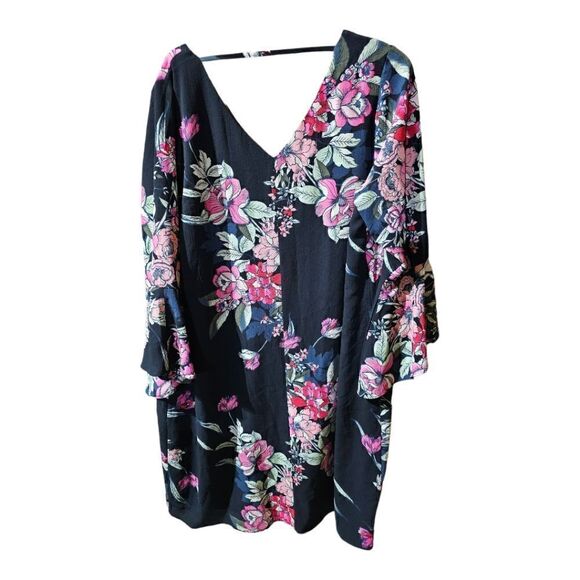 CITY CHIC Black Pink Floral Empire Sleeve Pullover Dress - Size 18 - Picture 2 of 7